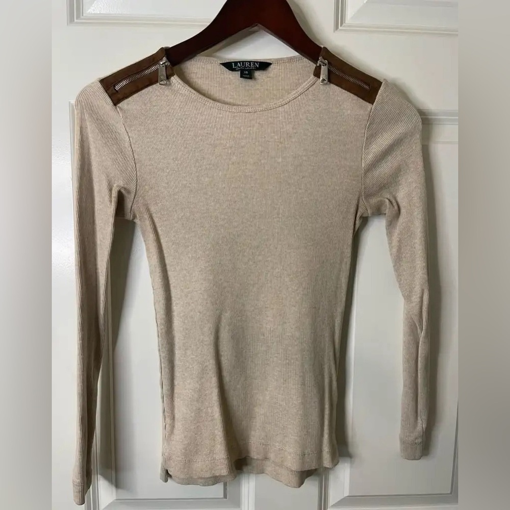 Ralph Lauren Beige Long Sleeve Top with Zipper Detailing on Shoulders, Size XS